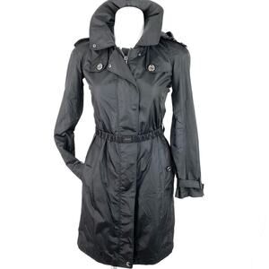 BURBERRY BLACK LONG BELTED HOODED TRENCH COAT UTILITY JACKET SIZE XS